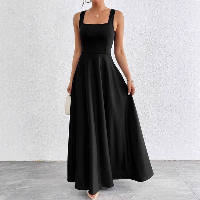 Sleeveless Square Neck Plain Maxi Evening Gown