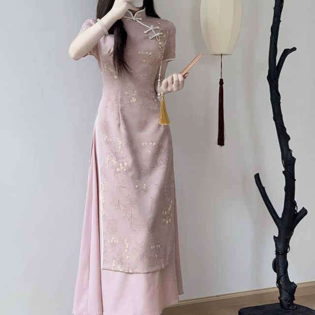 Short Sleeve Mandarin Collar Floral Maxi Qipao