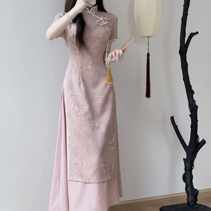 Short Sleeve Mandarin Collar Floral Maxi Qipao