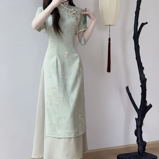 Short Sleeve Mandarin Collar Floral Maxi Qipao