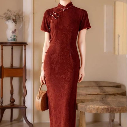 Short Sleeve Mandarin Collar Bamboo Print Maxi Qipao
