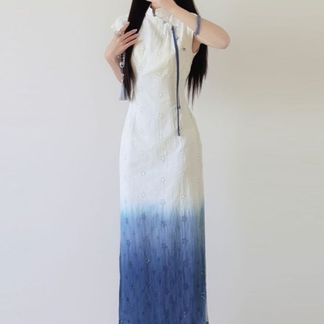 Short Sleeve Mandarin Collar Gradient Maxi Qipao