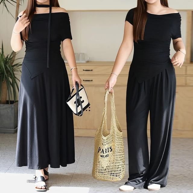 Plus Size Off-Shoulder Sleeveless Asymmetric Tee with High-Rise Wide Leg Pants and Flared Maxi Skirt