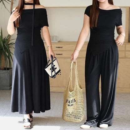 Plus Size Off-Shoulder Sleeveless Asymmetric Tee with High-Rise Wide Leg Pants and Flared Maxi Skirt