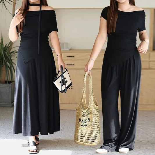 Plus Size Off-Shoulder Sleeveless Asymmetric Tee with High-Rise Wide Leg Pants and Flared Maxi Skirt