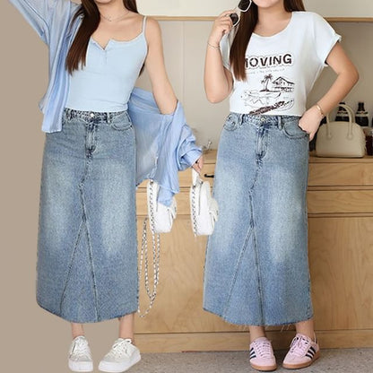 Plus Size Elevated Waist Faded Denim Midi Flared Skirt