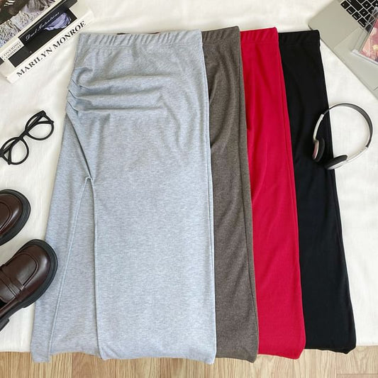 Elastic Waist Smooth Ruched Slit Long Pencil Skirt