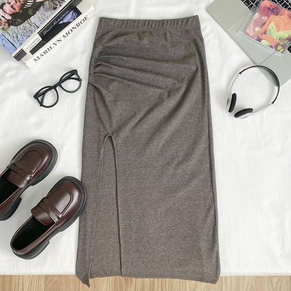 Elastic Waist Smooth Ruched Slit Long Pencil Skirt