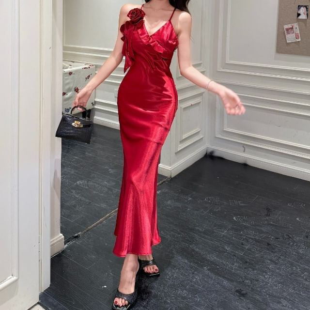 Trim Strap Frill Evening Mermaid Gown V-Neck Spaghetti