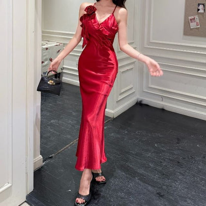 Trim Strap Frill Evening Mermaid Gown V-Neck Spaghetti