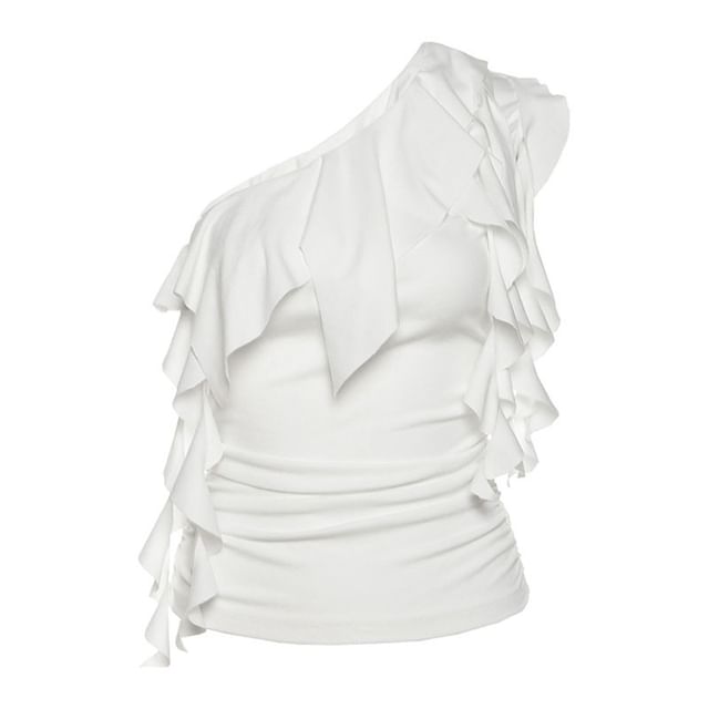 One-Shoulder Ruffled Tank Top with Sheer High Waist Maxi Skirt