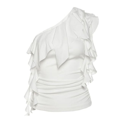 One-Shoulder Ruffled Tank Top with Sheer High Waist Maxi Skirt