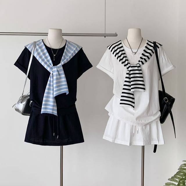 Crew Neck Tee with Striped Scarf and Pleated Mini Skirt Set