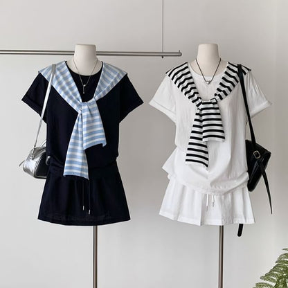 Crew Neck Tee with Striped Scarf and Pleated Mini Skirt Set