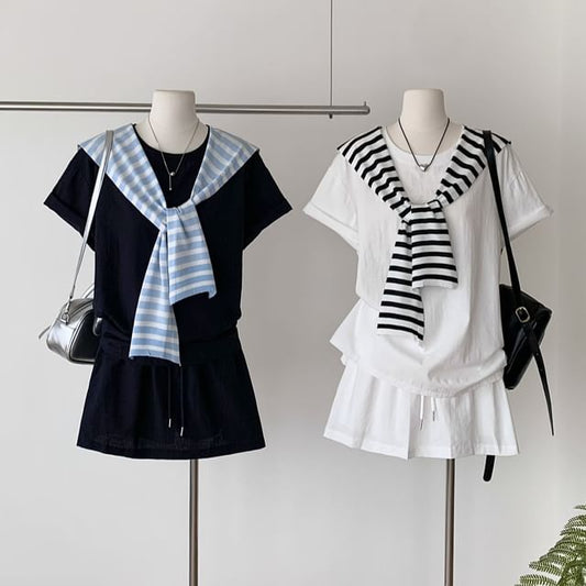 Crew Neck Tee with Striped Scarf and Pleated Mini Skirt Set