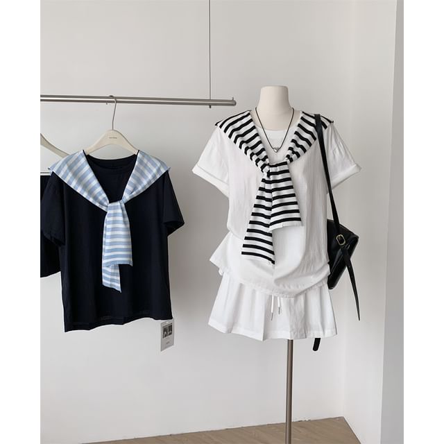 Crew Neck Tee with Striped Scarf and Pleated Mini Skirt Set