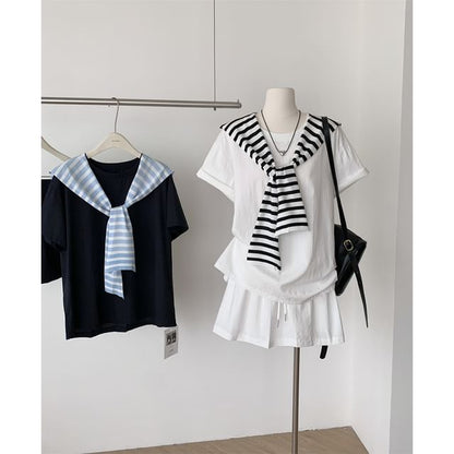 Crew Neck Tee with Striped Scarf and Pleated Mini Skirt Set