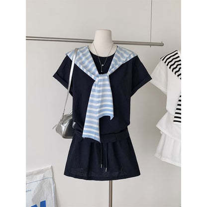 Crew Neck Tee with Striped Scarf and Pleated Mini Skirt Set