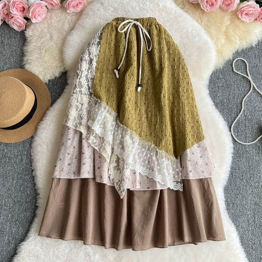 Elevated Waist Color-Blocked Lace-Trimmed Flared Maxi Skirt