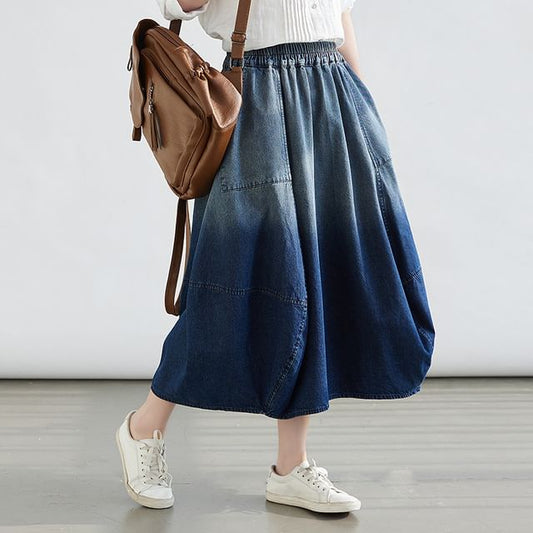 Elastic Waist Ombre Faded Midi Flared Skirt
