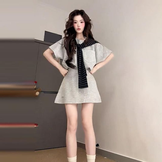 Duo: Elbow-Sleeve Round Neck Tee with High-Rise Slit Mini Flared Skirt and Striped Wrap