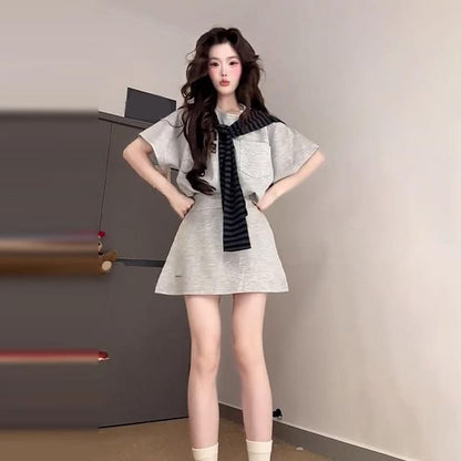 Duo: Elbow-Sleeve Round Neck Tee with High-Rise Slit Mini Flared Skirt and Striped Wrap