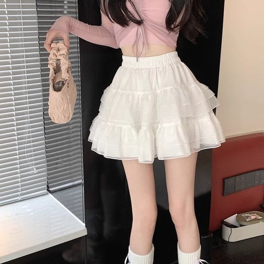 Elevated Waist Smooth Tiered Mini Skirt