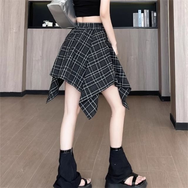 Asymmetrical Plaid High Rise A-Line Skirt