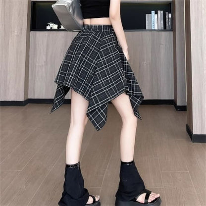 Asymmetrical Plaid High Rise A-Line Skirt