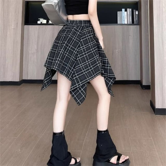 Asymmetrical Plaid High Rise A-Line Skirt