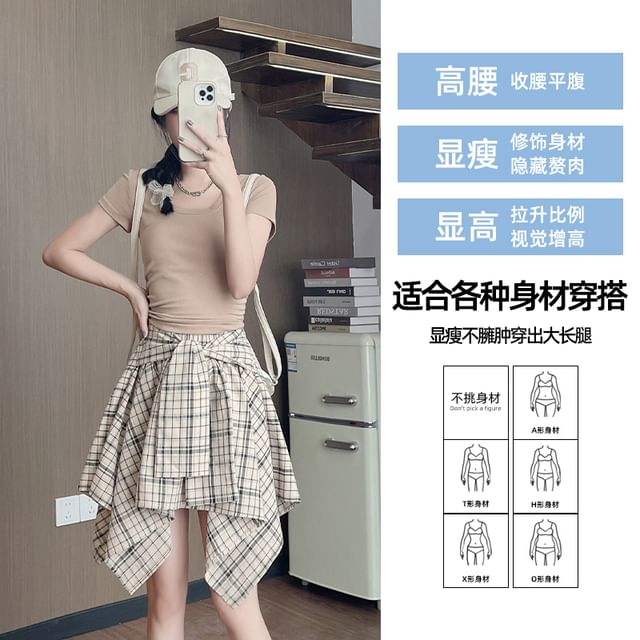 Asymmetrical Plaid High Rise A-Line Skirt