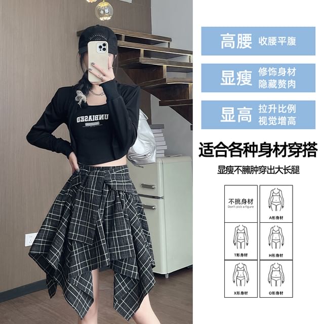 Asymmetrical Plaid High Rise A-Line Skirt