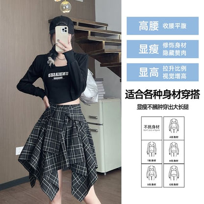 Asymmetrical Plaid High Rise A-Line Skirt