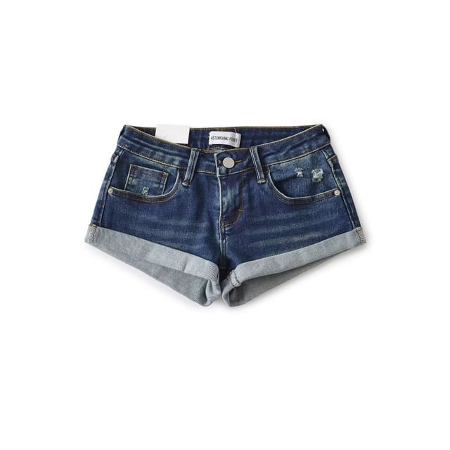Low Rise Washed Distressed Denim Hot Pants