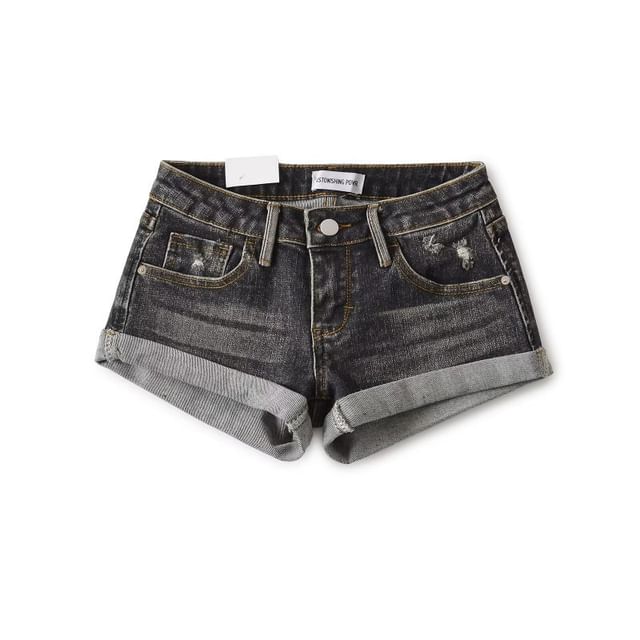 Low Rise Washed Distressed Denim Hot Pants