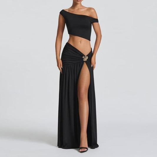 Duo: One-Shoulder Sleeveless Crop Top with Low-Rise Ruched Slit Flared Maxi Skirt