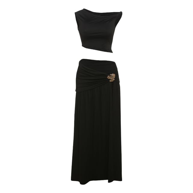 Duo: One-Shoulder Sleeveless Crop Top with Low-Rise Ruched Slit Flared Maxi Skirt