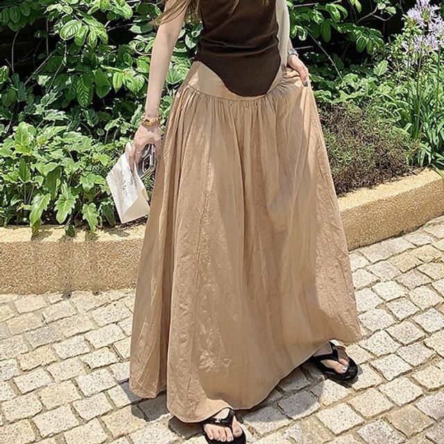 Solid Tank Top with Low Rise Shirred Midi A-Line Skirt