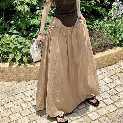 Solid Tank Top with Low Rise Shirred Midi A-Line Skirt