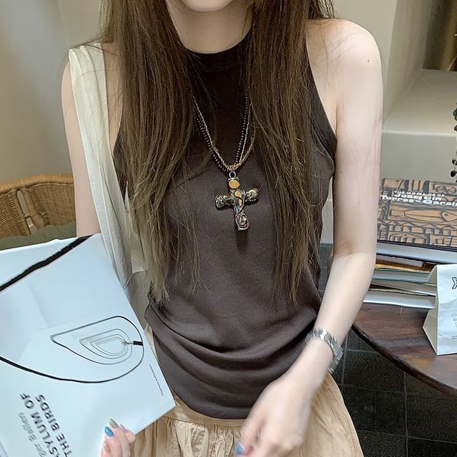 Solid Tank Top with Low Rise Shirred Midi A-Line Skirt