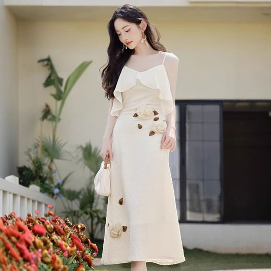 Spaghetti Strap Flower Detail Maxi A-Line Dress / Plain Cardigan / Set