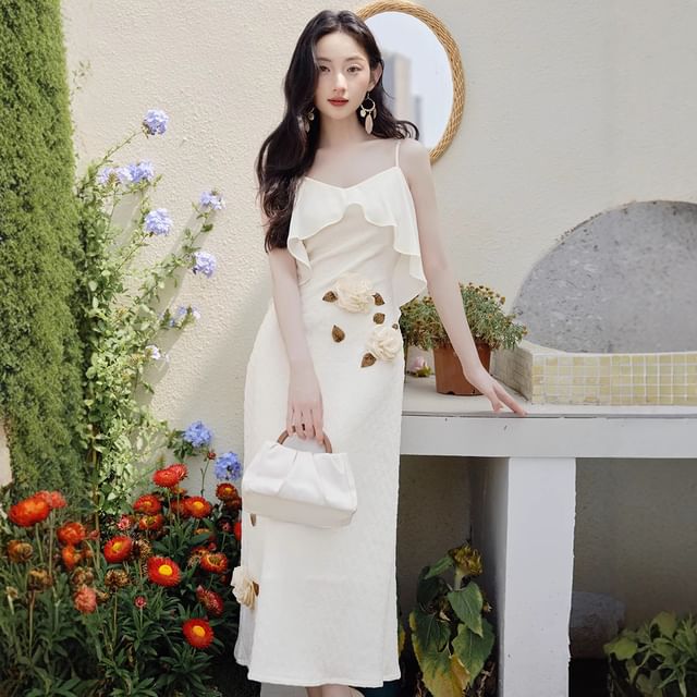 Spaghetti Strap Flower Detail Maxi A-Line Dress / Plain Cardigan / Set