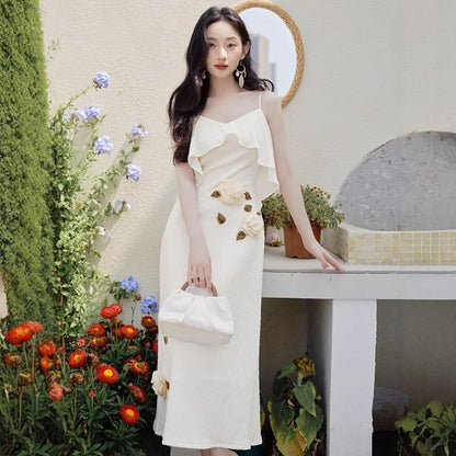 Spaghetti Strap Flower Detail Maxi A-Line Dress / Plain Cardigan / Set