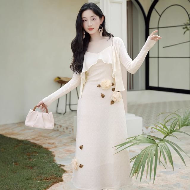 Spaghetti Strap Flower Detail Maxi A-Line Dress / Plain Cardigan / Set