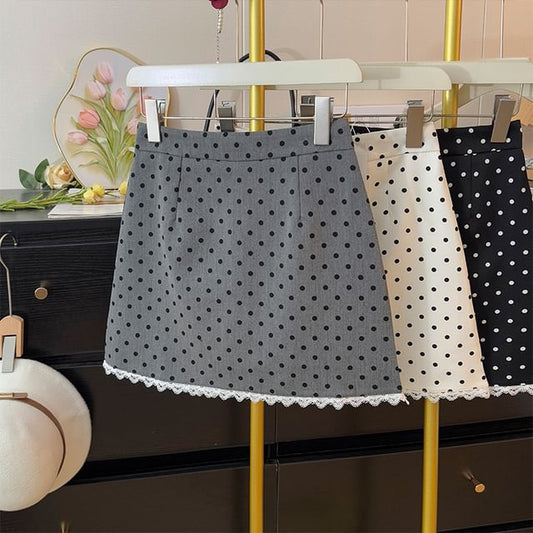 High-Rise Polka Dot Lace-Trimmed Mini Flared Skirt