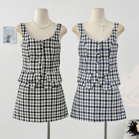 Plaid Button-Up Tweed Crop Top and High Waist Mini Skirt Set