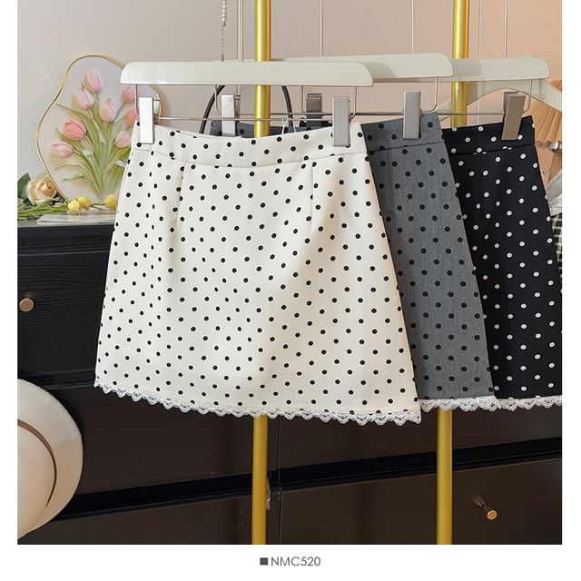 High-Rise Polka Dot Lace-Trimmed Mini Flared Skirt