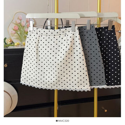 High-Rise Polka Dot Lace-Trimmed Mini Flared Skirt