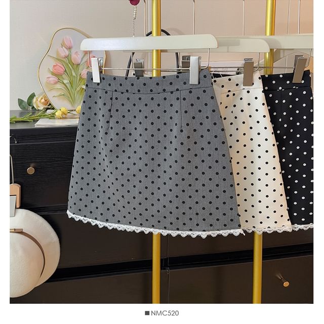 High-Rise Polka Dot Lace-Trimmed Mini Flared Skirt
