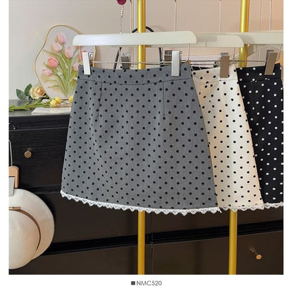 High-Rise Polka Dot Lace-Trimmed Mini Flared Skirt